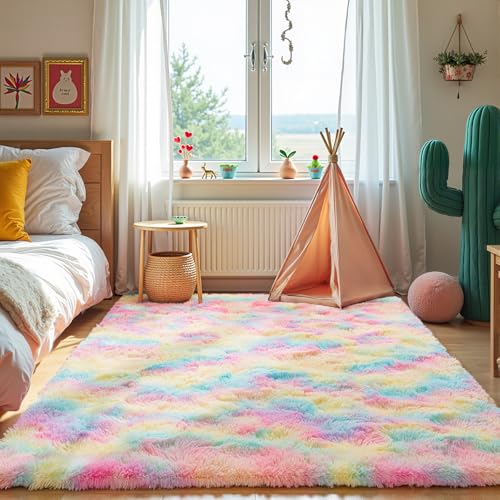 Zentavio Unicorn Rugs for Girls Room 3x5 Area Rugs for Living Room Small Carpet for Bedroom Washable Soft Fluffy Shag Aesthetic Plush High Pile Throw Rug for Nursery Kids Room Dorm Room Rainbow