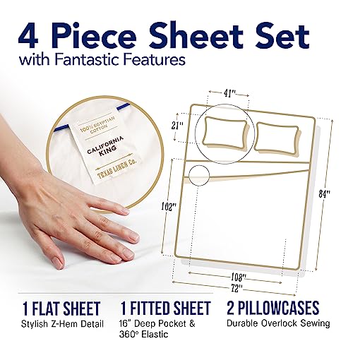 Image of TEXAS LINEN CO. 100% Egyptian Cotton California King Sheet Sets - Luxury 1000 Series Lonestar Lovin' Collection Cal King Sheet Set (4 PC, White), Cooling, 16 inch Deep Pocket Sateen Hotel Bed Sheets