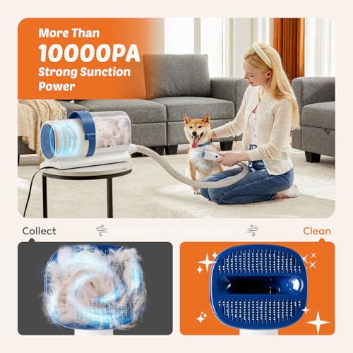 Image of DUMOS Pet Grooming Vacuum Kit, 3 Adjustable Suction Modes Dog Clipper, 5 Professional Grooming Tools with Low Noise Cat Hair Clippers, 2.5L, Blue & White