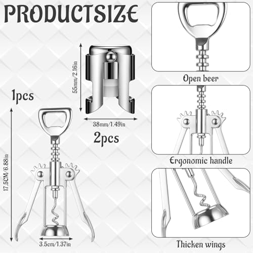 1 Pcs Wine Bottle Opener and 2 Pcs Champagne Stoppers Set, Corkscrew Wine Opener with Stainless Steel Champagne Stoppers, Essential Bar Accessories for Wine Lovers - Image 3