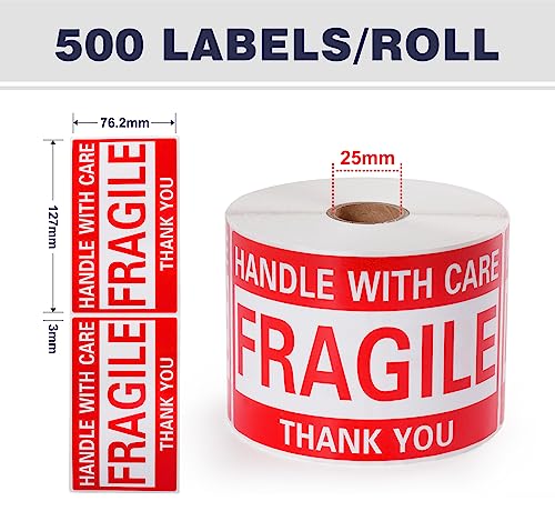 Image of 3 x 5 Inch Fragile Stickers Handle with Care 500 Permanent Adhesive Fragile Stickers for Shipping Moving Glass Commercial Grade Fragile Labels (1 Roll, 500 Labels)