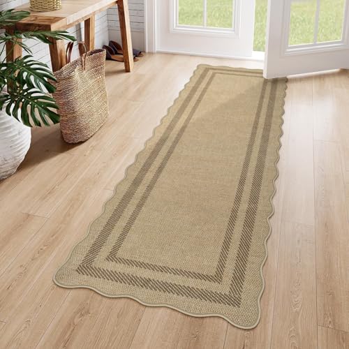 LIVEBOX Scalloped Washable 2x6 Kitchen Runner Rug Easy Jute Geometric Tan Rugs for Entryway Hallway Indoor Outdoor Non Slip Rug Farmhouse Modern Carpet Door Mat for Porch Bedroom Laundry Room