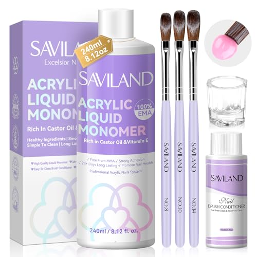 SAVILAND Acryl Liquid für Nägel: 8 16 fl.oz EMA Monomer Acrylic Liquid für Acrylpulver Nagelverlängerung 3 Stück Acryl Nagel Pinsel Vielseitiger Pinselreiniger Dappen Schale für den Heimnagelsalon