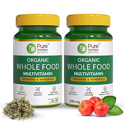 Image of Pure Nutrition Organic WholeFood Multivitamin | Plantbased Vitamin A D3 C E K2 B1 B2 B3 B5 B6 Biotin B12 Iodine Selenium: 100% RDA + Copper Chromium Iron Folic Acid Calcium Magnesium Zinc 120 Veg Tabs