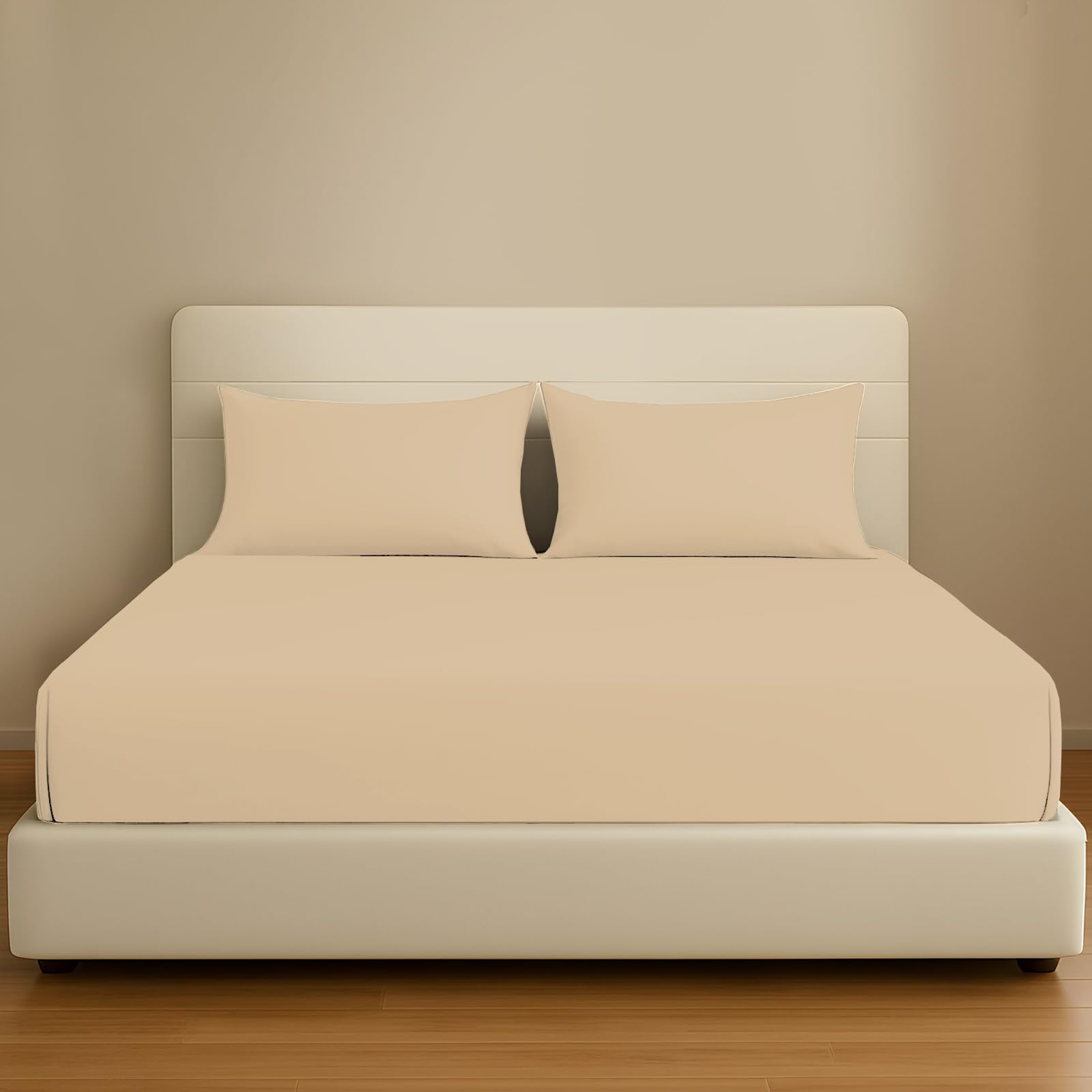 Pamposh Beige 400 Thread Count 100% Egyptian Cotton Double Fitted Sheet - Extra Deep Pocket 35 Cm (14 Inches) Durable Elastic Fitted Bed Sheets Double - Premium Natural Cotton Deep Fitted Sheets Double Bed