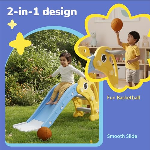 Image of Lifelong Cuppy Dolphin Slide for Kids 1+ Years with Basketball Hoop | Toddler Slide for Indoor Outdoor Play | Baby Durable Plastic Slide, Easy Assembly, Safe Fun Playset | Toy for Kids Boys & Girls