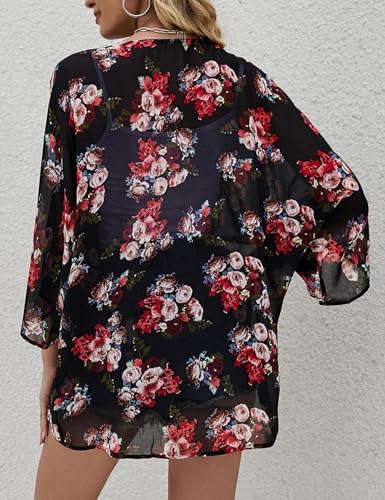 Image of Chunoy Women Floral Beach Wear Cover Up Chiffon Kimono Cardigan Open Front Blouse Top