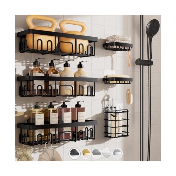 Veken Stainless Steel Shower Caddy 6-Pack, No Drilling & Rustproof, Waterproof Adhesive Shelves Rack with Soap Holder, Large Capacity Bathroom Organizers and Storage, Wall-Mounted Kitchen & Home Decor