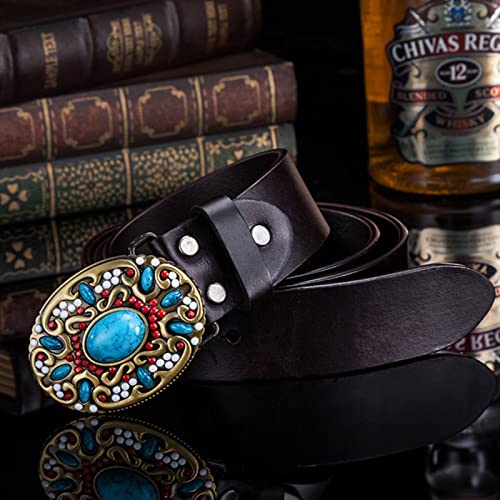 Leather Belt Belt for Women Men Engraved Western Floral Buckle Inlaid Amber Turquoise & Coral Stones Metal Screw Button Waistband (120cm/waist:40"~42" Coffee)3