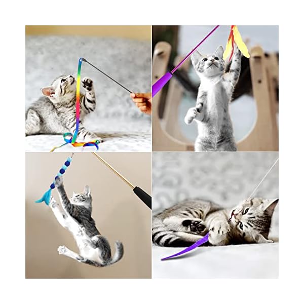 Atosun cat toys, 2pcs retractable cat feather toys, 10pcs replacement teaser refill, 1pc rainbow ribbon wand interactive kitten toys for indoor cat make exercise - image 7