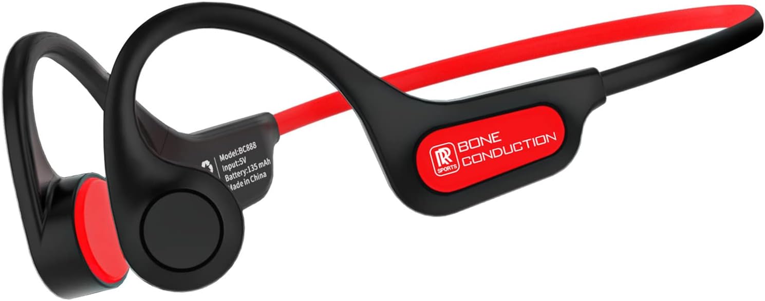 Bone Conduction Headphones, Open Ear Bluetooth 5.3 Sport Earphones with Built-in Mic and MP3 Player 16G Memory, IPX8 Wireless Waterproof Headset for Swimming, Running, Cycling (Black-Red)