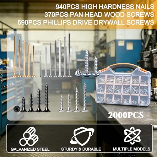 Image of Dianrui 2000 PCS High Hardness Nails & Wood Screws & Sheet Metal Screws Assortment Kit,Phillips Drive Flat & Pan Head Wood Screws Set for Picture Hanging /Wood /DIY with Storage Box
