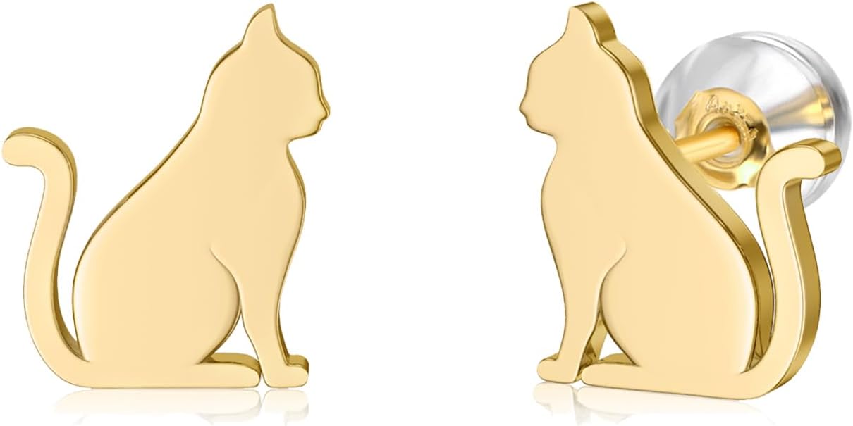 Solid 14k Gold Cat Earrings, Real 14 Karat Gold Stud Earrings for Women Teens, Animal Gifts for Her