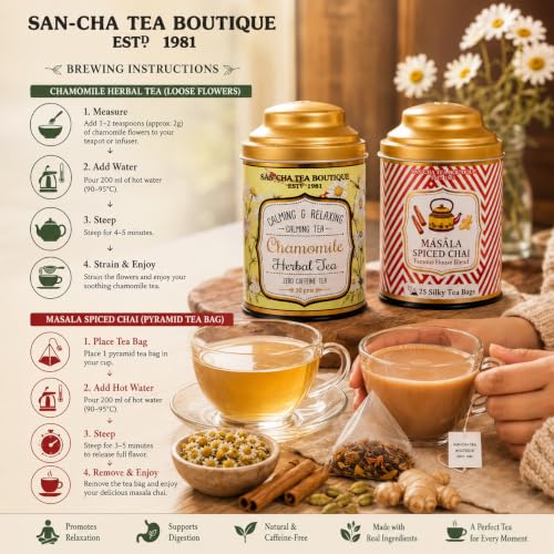 Image of Sancha Tea Boutique, Tea Combo Pack: Chamomile Flower, 50g Caffeine Free Herbal Tisane & Masala Chai (25 Pyramid Bags), Real Spice Blend Chai
