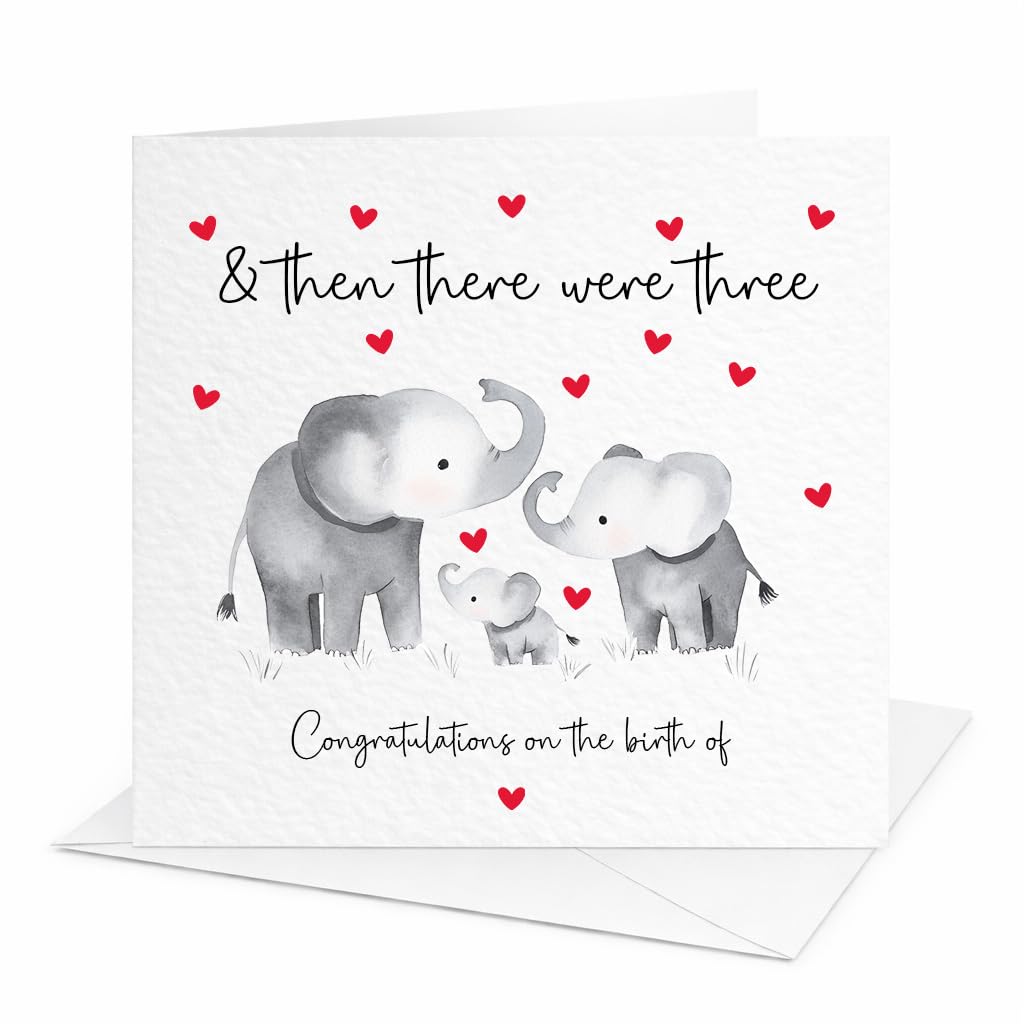 And Then There Were Three/Four Elephant Themed New Baby Card, Set of 9 (Red 3)