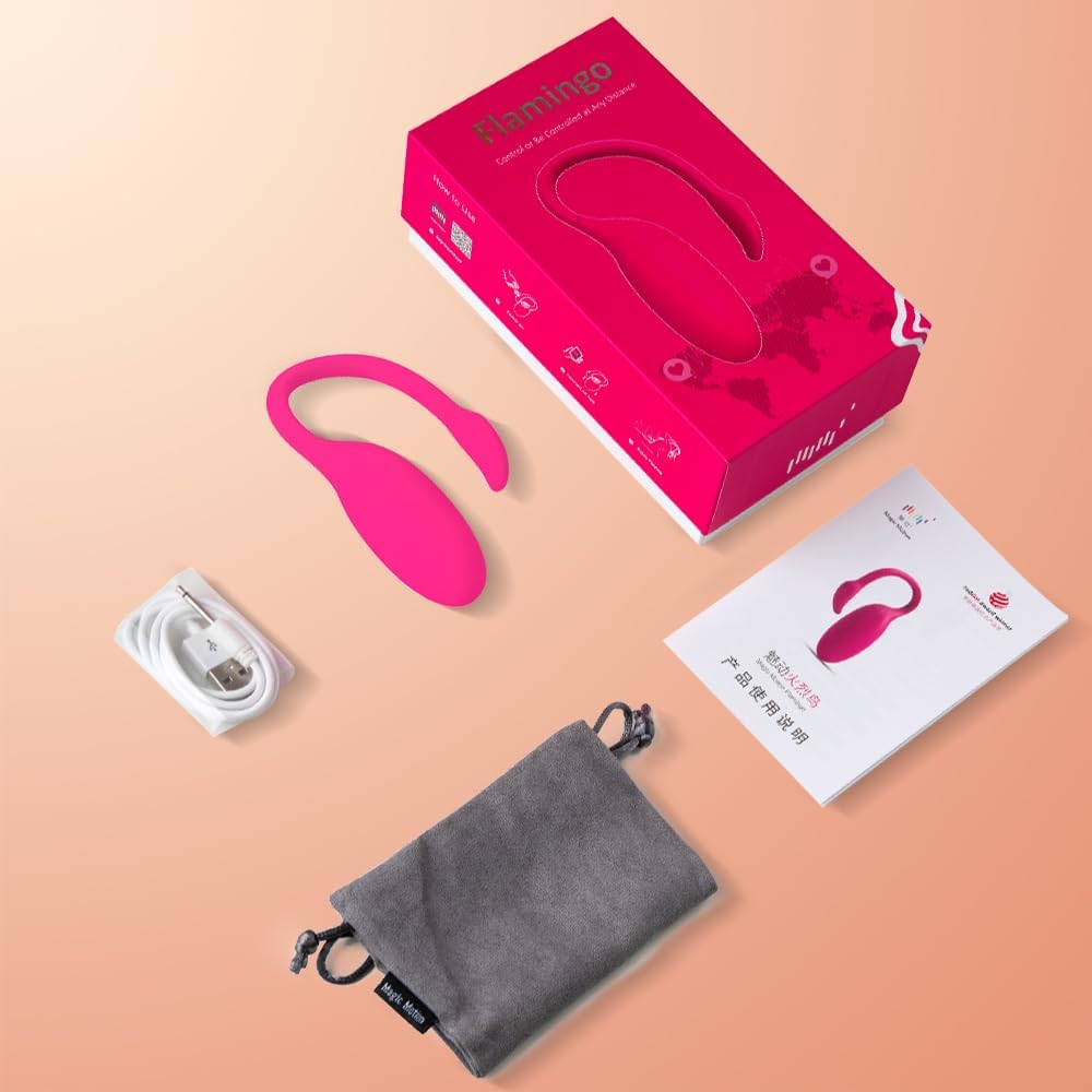 Contents of the Magic Motion Flamingo Wearable Vibes package, including the device, charging cable, and storage pouch.
