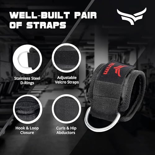 Image of XTRIM Unisex Ankle Straps with Metal D-Rings for Cable Machine, Red | With Padded Neoprene Support, For Glutes Workouts, Curls & Hip Abductors