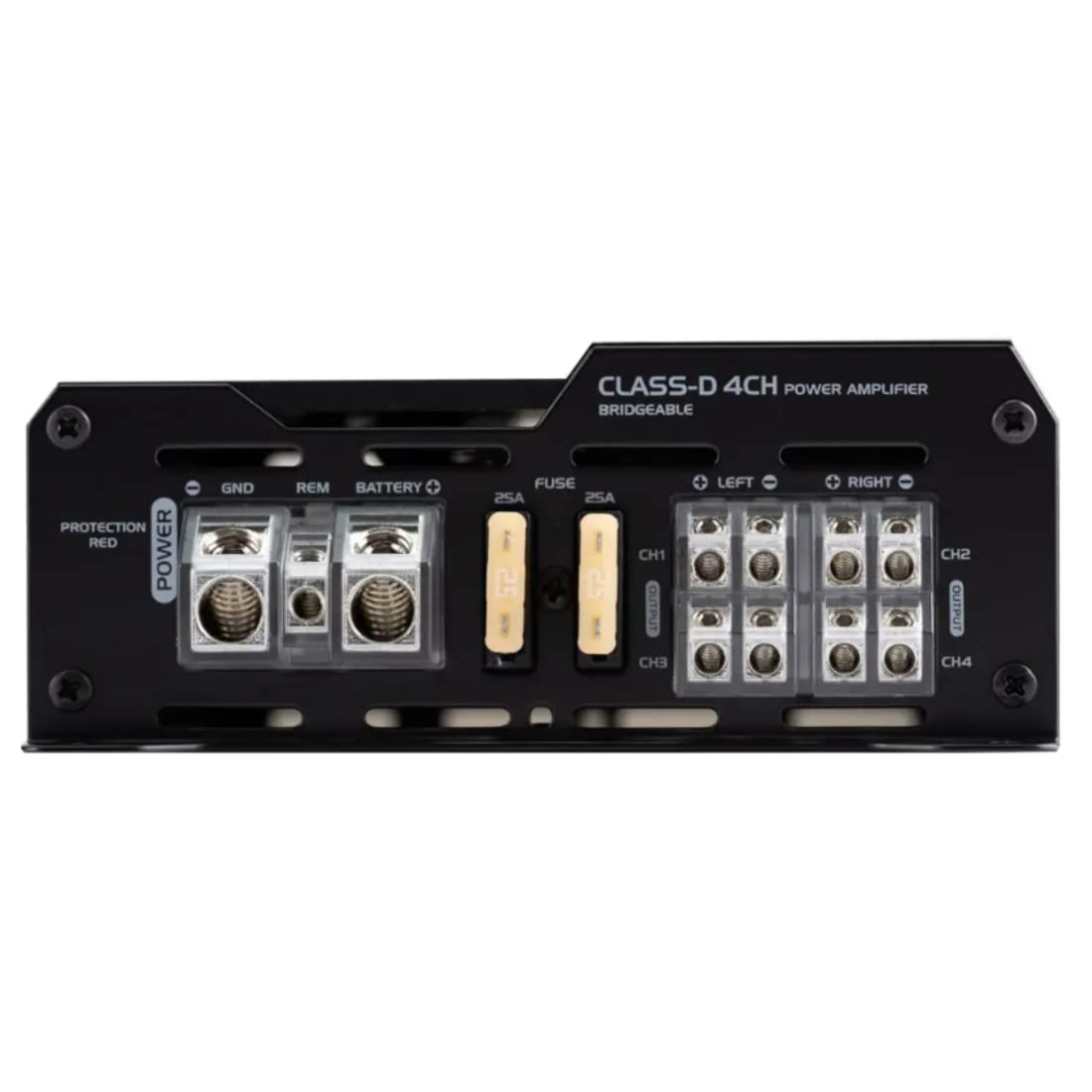 Wara view of the Jensen JA4B amplifier showing power, ground, remote, fuse, and speaker output terminals.