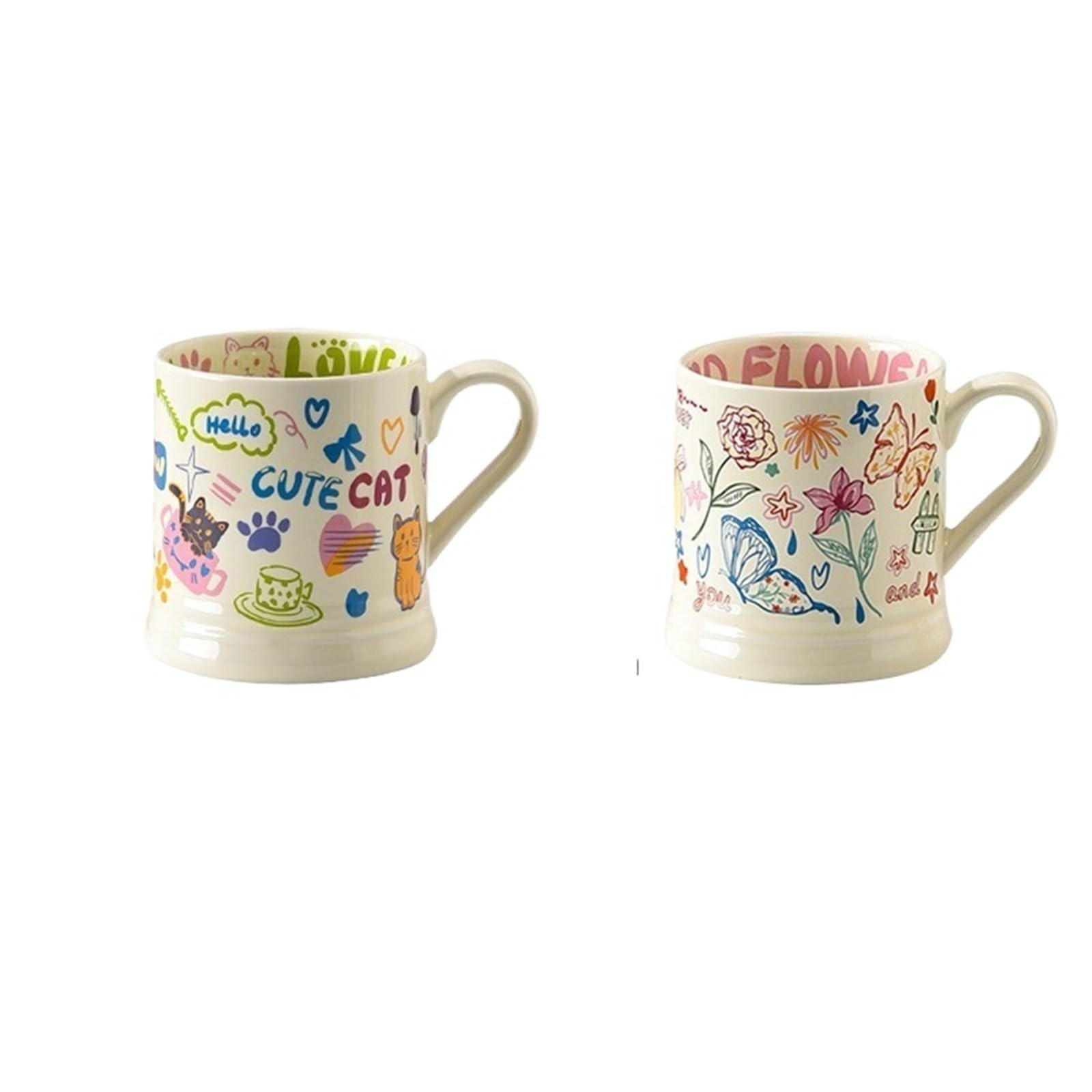 Tazas con Estampado de Flores, 2 uds., 370ml, Taza de café Creativa, Taza for Beber, Desayuno, Leche, Zumo, Grafiti Bonito, Taza de Agua for el hogar para Café y Leche