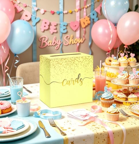 Image of Yellow Wedding Card Box with Gold Foil Yellow Gift Card Holder Box for Party Wedding Reception Graduation Birthday Baby Shower Retirement Cardboard Envelope Raffle Box with Slot