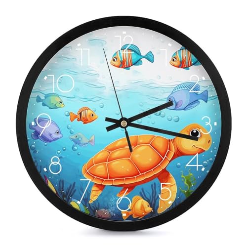 Horloge murale silencieuse moderne imprimée tortue et poisson, horloge murale ronde tendance,...