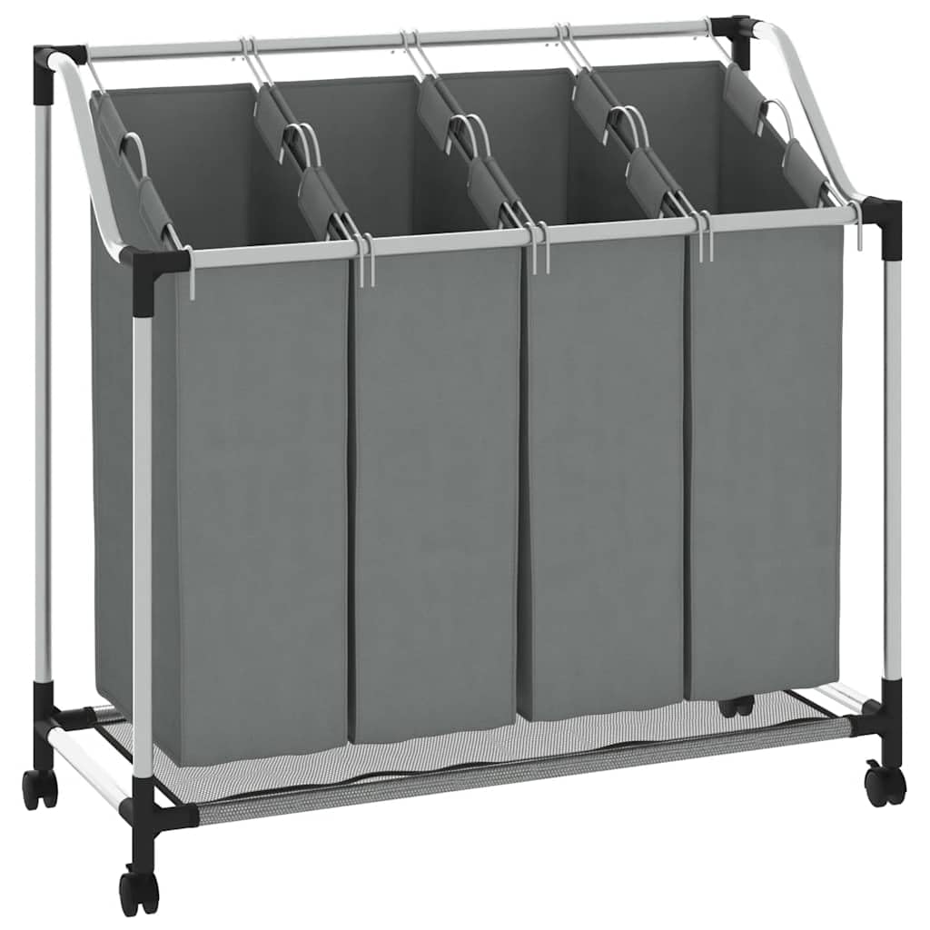 Kosz na pranie z rolkami i 4 półkami, szara rama stalowa, worki na pranie z włókniny, 96 x 40 x 92 cm, obciążenie 20 kg, nowoczesne, wąskie, prostokątne, do przechowywania, oszczędność miejsca