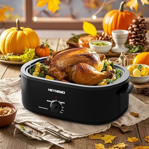 Image of 18Qt Roaster Oven Buffet with Self-Basting Lid, 1450W Stainless Steel Electric Turkey Roaster Oven with Cool-Touch Handles, Removable Pan and Rack, Black