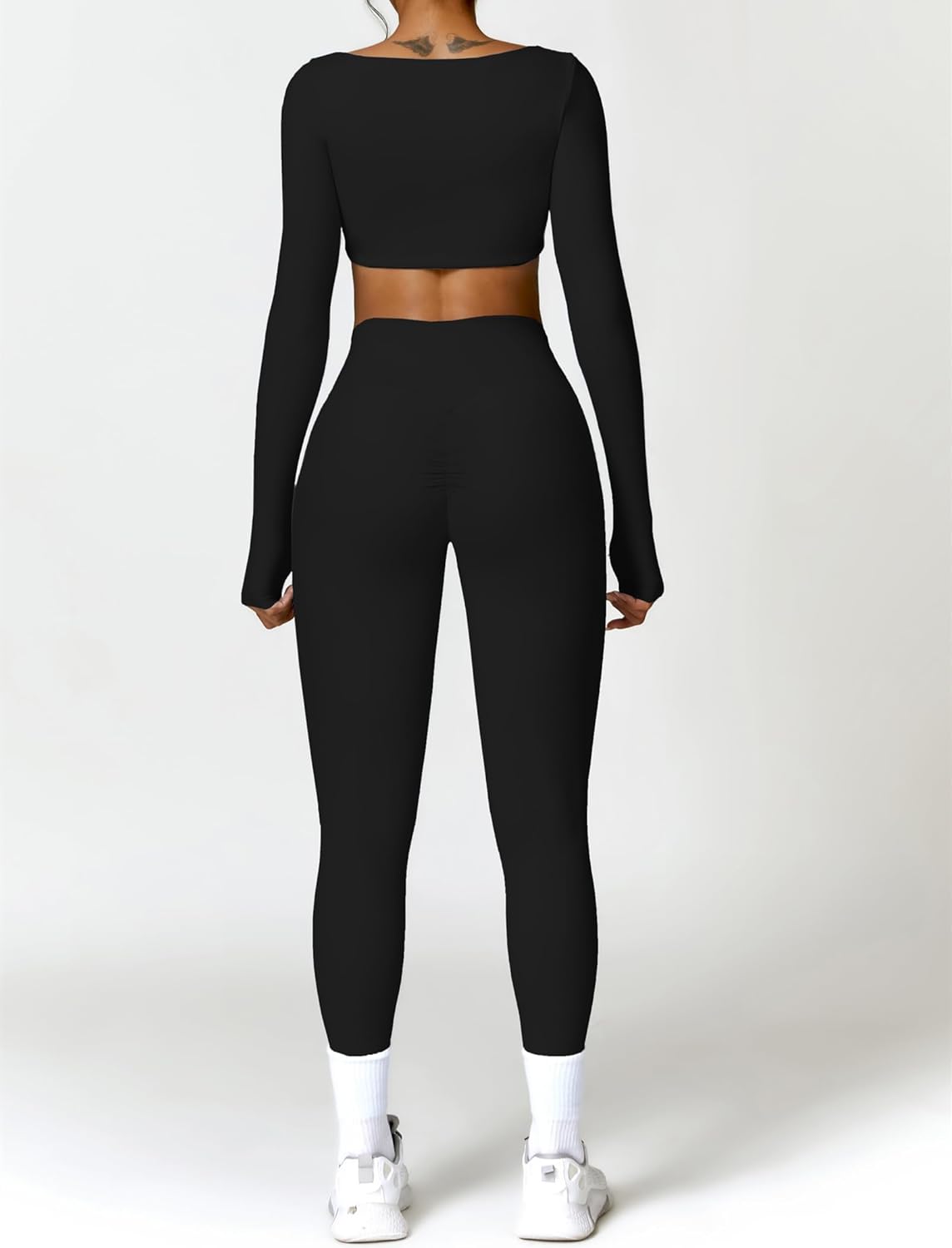 ABOCIW Workout Sets for Women 2 Piece Square Neck Long Sleeve Crop Tops High Waist Flared Leggings Gym Sets - Image 2