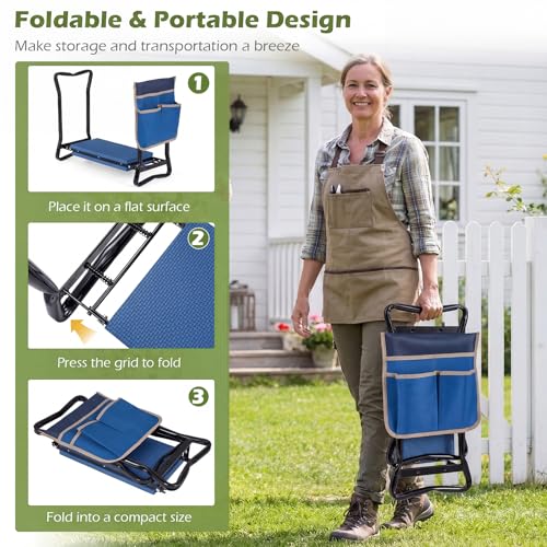 Image of 2-in-1 Garden Kneeler and Seat, Folding Garden Seat w /EVA Foam Kneeling Pad & Removable Tools Pouch, Sturdy Steel Frame, No Assembly, Portable Heavy Duty Garden Stool for Women Men Seniors