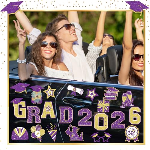 Image of Landhoow 30 Pcs Graduation Car Magnets 2026 Senior Graduation Car Decoration Bumper Sticker Congrats Grad Magnet Magnetic Refrigerator Decal for Grad Parade Party Supplies(Purple, Gold)