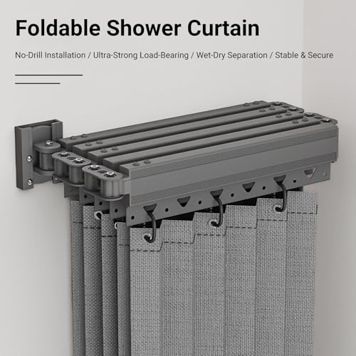 Barra de cortina de ducha de aluminio ajustable, montaje en pared plegable, impermeable, sin taladros, diseño de ahorro de espacio para baños pequeños, RV, hotel, fácil instalación
