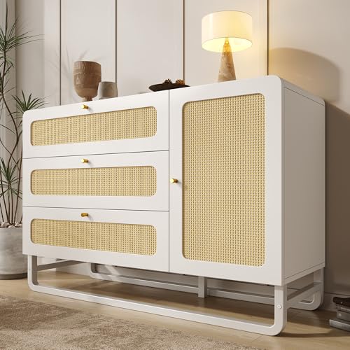DHWDS Cómoda de estilo rústico con 3 cajones y 1 puerta, estantes ajustables en altura y bloqueo antivuelco, aparador para salón, dormitorio y pasillo, ratán y asas doradas, 120 x 85 x 40 cm