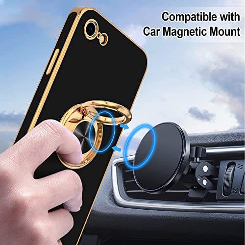 Image of Hython Case for iPhone SE 2022, iPhone SE 2020, iPhone 7 Case, iPhone 8 Case with Ring Holder Stand Magnetic Kickstand, Plating Rose Gold Soft TPU Bumper Camera Protection Shockproof Phone Cases-Black