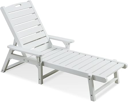 Psilvam Chaise Lounges, HDPE Lounge Chairs with Adjustable Backrest, Supports Up to 350 lbs, All Weather Recliner Poly Lumber Lounges Bed for Poolside, Patio, Porch White