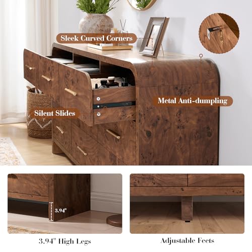 Image of Curved Drawer Dresser for Bedroom with 9 Drawers, 63'' Wide Chest of Drawer