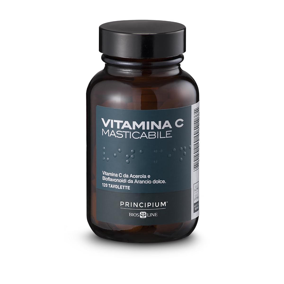 BIOS LINE Principium Vitamina C Masticabile, Integratore Alimentare Naturale di Vitamina C, Gusto Amarena, 120 Tavolette Masticabili