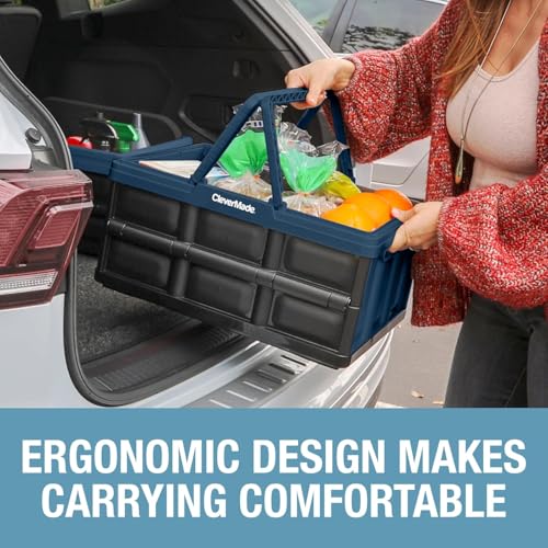 Image of CleverMade Collapsible Shopping Basket 32L - Folding Grocery Basket with Handles, Stackable Reusable Storage Crate with 35 lb Capacity, Recycled Plastic, Car Trunk Organizer - Ocean Blue
