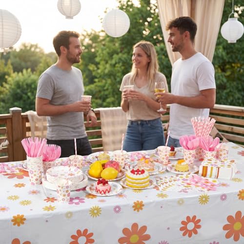 Funnymoom 452 Pcs Groovy Daisy Party Decorations for 50 Guest, Boho Daisy Paper Plates Cups Napkins Tablecloth Cutlery Straws Hippie Tableware Set for Retro Hippie Birthday Baby Shower Party Supplies — view 5