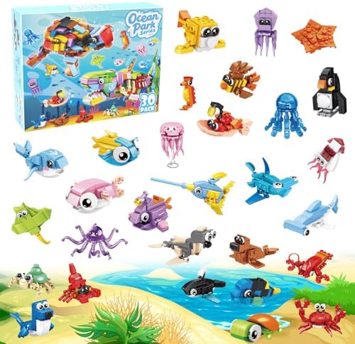 30 Packs Ocean Party Favors for Kids 895 PCS Mini Marine Animals Building Blocks for Goodie Bag Stuffers Bulk Classroom Prizes Valentines Treat Easter Basket Birthday Gifts for Boys Girls Ages 6-12