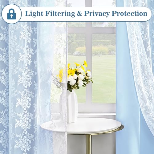 Image of Yinhua Blue Curtains for Living Room Blackout Curtains for Bedroom 84 Inches Long Double Layer Curtain with Tiebacks, Thermal Insulation Grommet Drapes for Nursery Dining Room, 52 inch W x 84 inch L