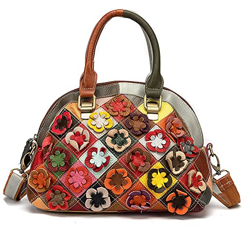 Downupodwn Dome Satchel Bag for Women Genuine Leather Top Handle Handbags 3D Floral Purse Tote Bags Crossbody Shoulder Bag -Multicolour