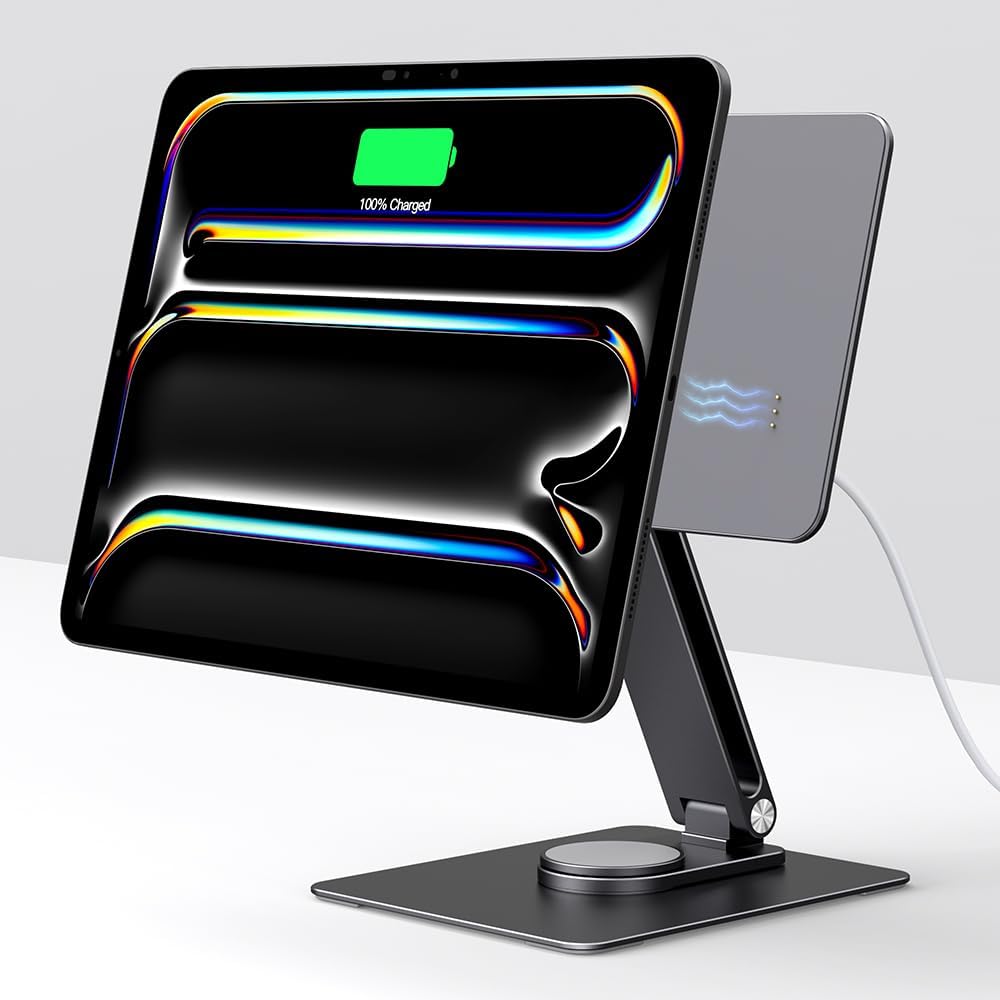 Magnetic iPad Pro M4 11-inch Stand with Wireless Charging 18W, 360 Rotating Aluminum Tablet Holder for iPad Pro M4 11-inch, Adjustable Desk Mount Series (M4-11inch)