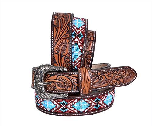Western Beaded Leather Belt With Removeable Buckle For Men and Women 30HQ101