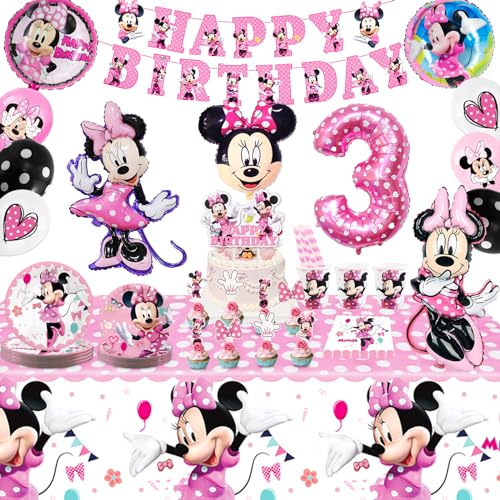 Partygeschirr 109 Stück Minnie Geburtstagsdeko Mädchen Junge Deko 3 Jahre Thema Kindergeburtstag Luftballons Decoration Minni Partygeschirr Deko Set mit Luftballons Banner Teller Tortendeko