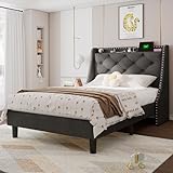 Feonase Twin Bed Frames with Luxury Wingback and Fast Charging Station,Twin Size Upholstered Button Tufted Storage Headboard Platform Bed,Sturdy Wooden Slats Support,Noise-Free,Easy Assembly,Dark Gray