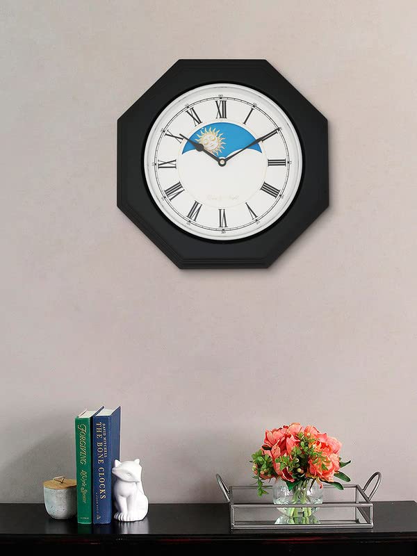 Image of CHRONIKLE Unique Octagon Shaped Black Sunrise /Sunset Style Wooden Roman Figure Wall Clock with Sweep Movement (Size: 33.5 x 33.5 x 6.5 CM | Color: Black | Weight: 1535 grm)