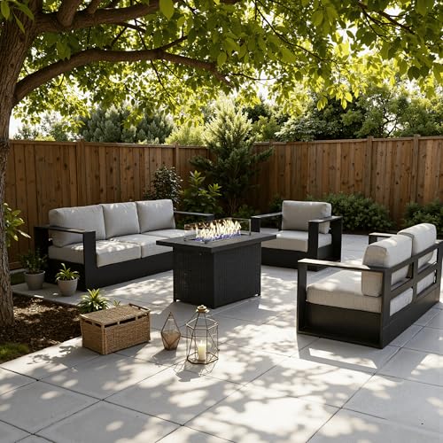 Image of LayinSun Oversized Aluminum Outdoor Furniture Set, 4 Piece Patio Sofa Sets with Fire Pit Table, Deep Seating and Upgraded 6-inch Cushions for Porch, Balcony, Deck