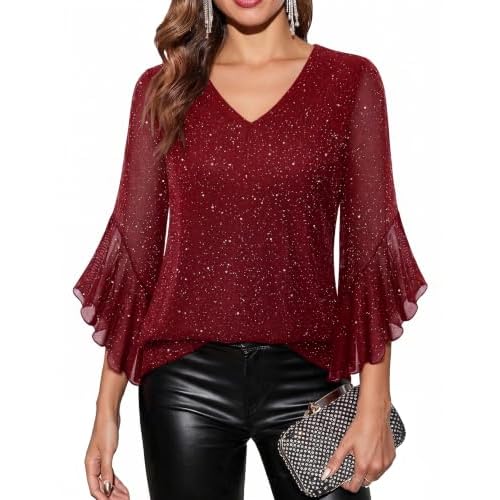 Wedtrend Women's 3/4 Sleeve V Neck Tunic Tops Sequin Ruffle Dressy Blouses