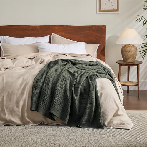 Image of Bedsure 100% Cotton Throw Blanket for Couch 50x70 inches - Cooling Breathable and Soft for Summer, Waffle Weave Throw Blanket for Office, Olive Green