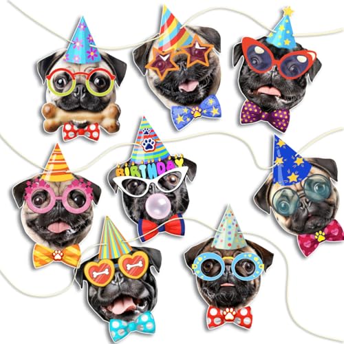 Image of Pug Birthday Garland - Photographic Pug Faces Birthday Banner, Funny Pug Bday Party Decoration for Pug Lovers, Pre-Strung & Ready to Hang, Reusable Pug Party Decor